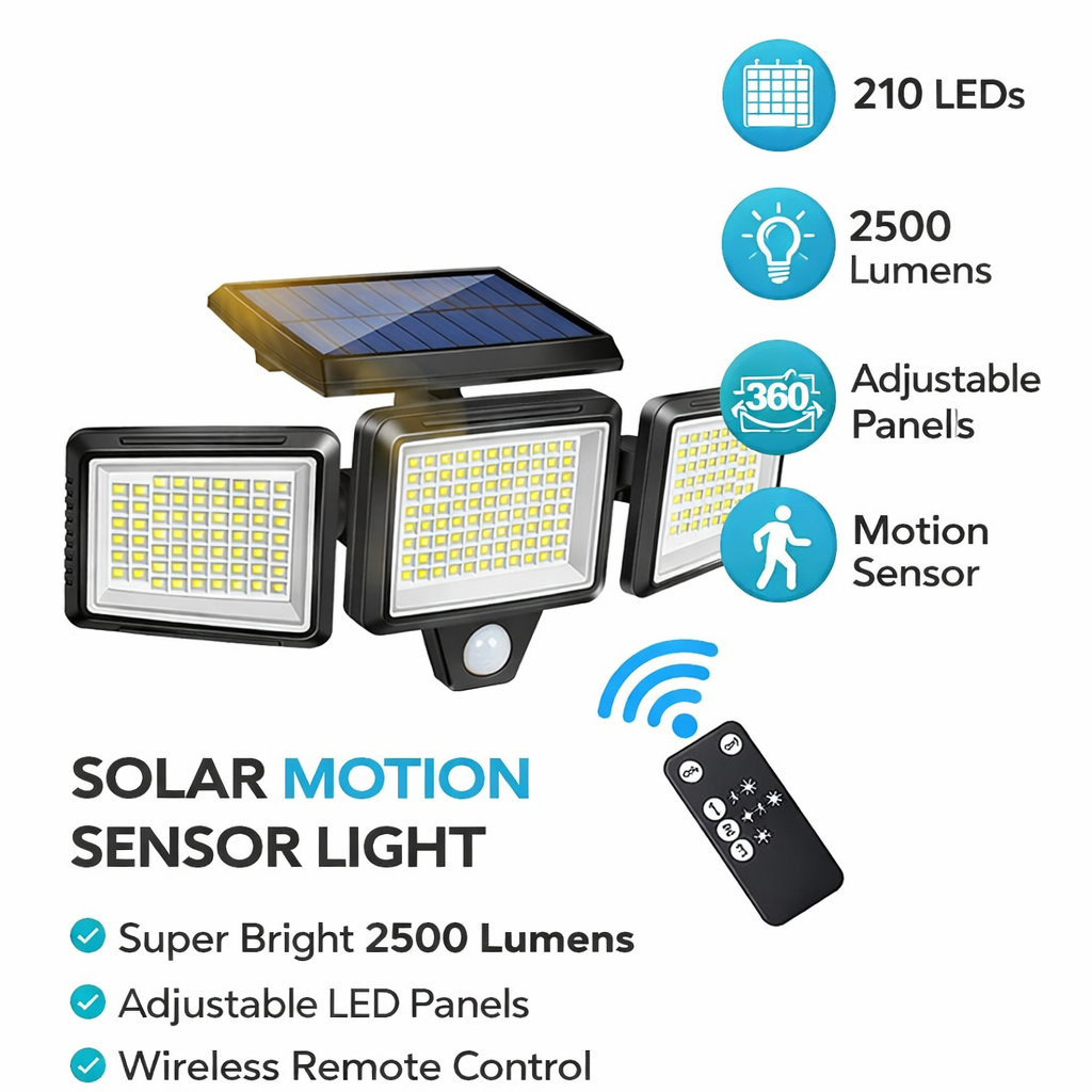 AMIOLOGY Solar 3-Head Security Light – 2500LM PIR Motion Sensor - Image 2