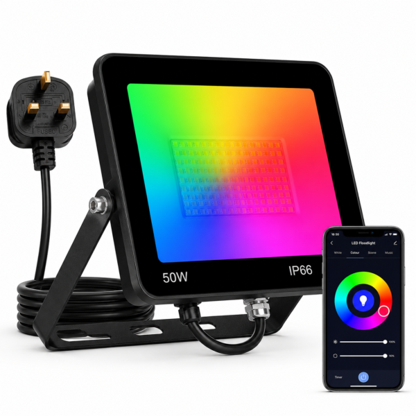 AMIOLOGY 50W Smart RGB Floodlight – WiFi & Bluetooth App Control