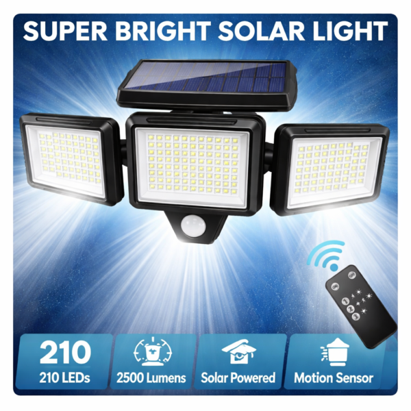 AMIOLOGY Solar 3-Head Security Light – 2500LM PIR Motion Sensor