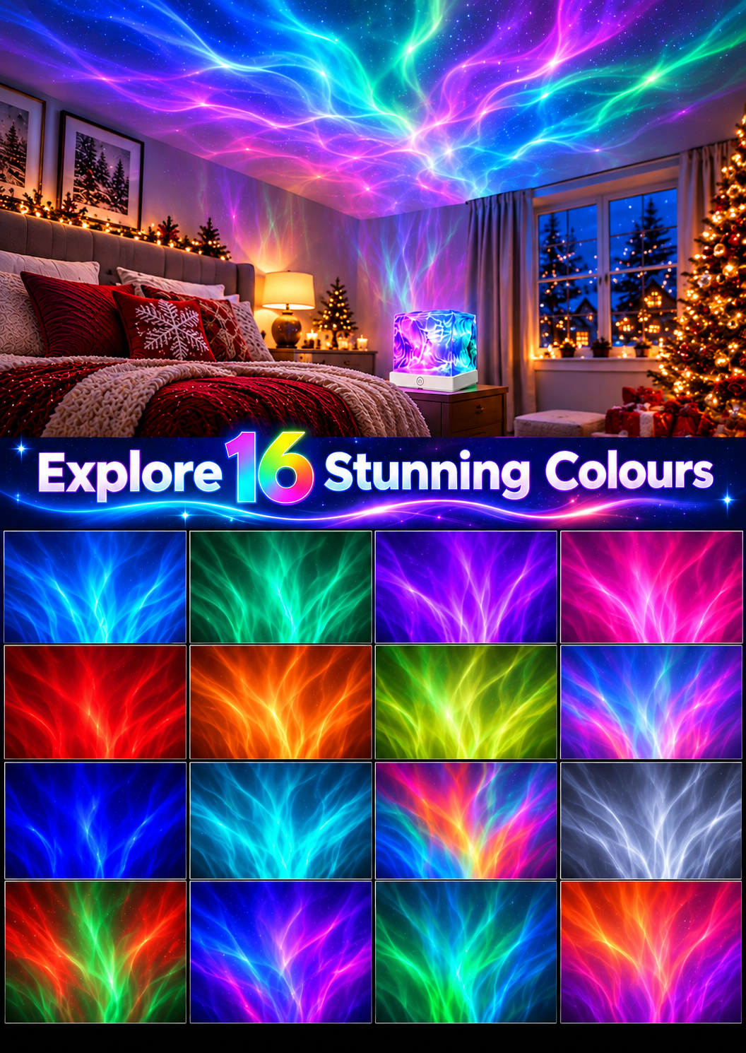 AMIOLOGY Northern Lights RGB Galaxy Projector – 16 Colours, USB Rechargeable, Remote Control - Image 2
