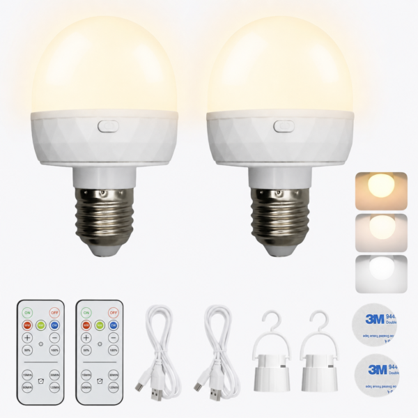 AMIOLOGY Rechargeable E27 Tri-Colour LED Bulbs – Remote Control, USB-C, 2 Pack