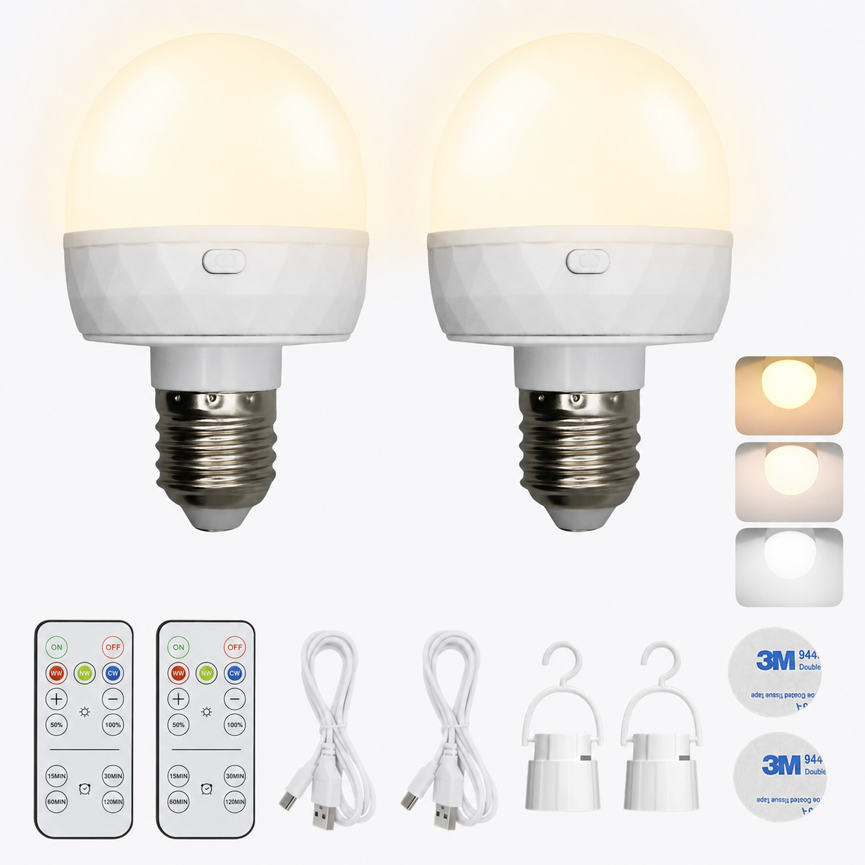 AMIOLOGY Rechargeable E27 Tri-Colour LED Bulbs – Remote Control, USB-C, 2 Pack