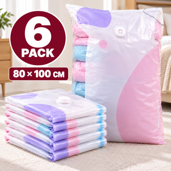 AMIOLOGY 6 Pack Large Vacuum Storage Bags – 80 × 100cm Clothes & Bedding Space Saver Bags
