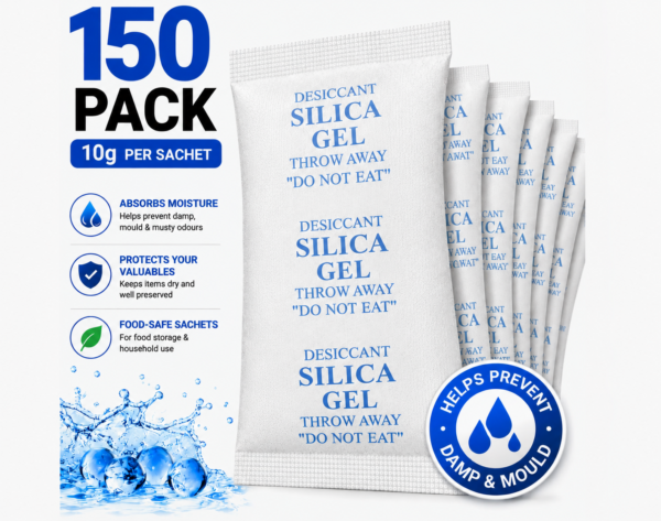 AMIOLOGY 150 x 10g Silica Gel Sachets – 1.5kg Moisture Absorber Desiccant