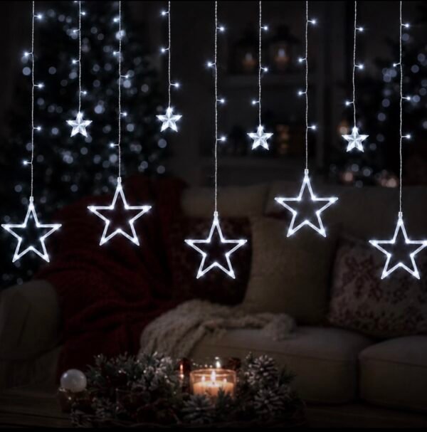 138 LED Christmas Star Curtain Lights – Cool White, 12 Stars, 8 Modes