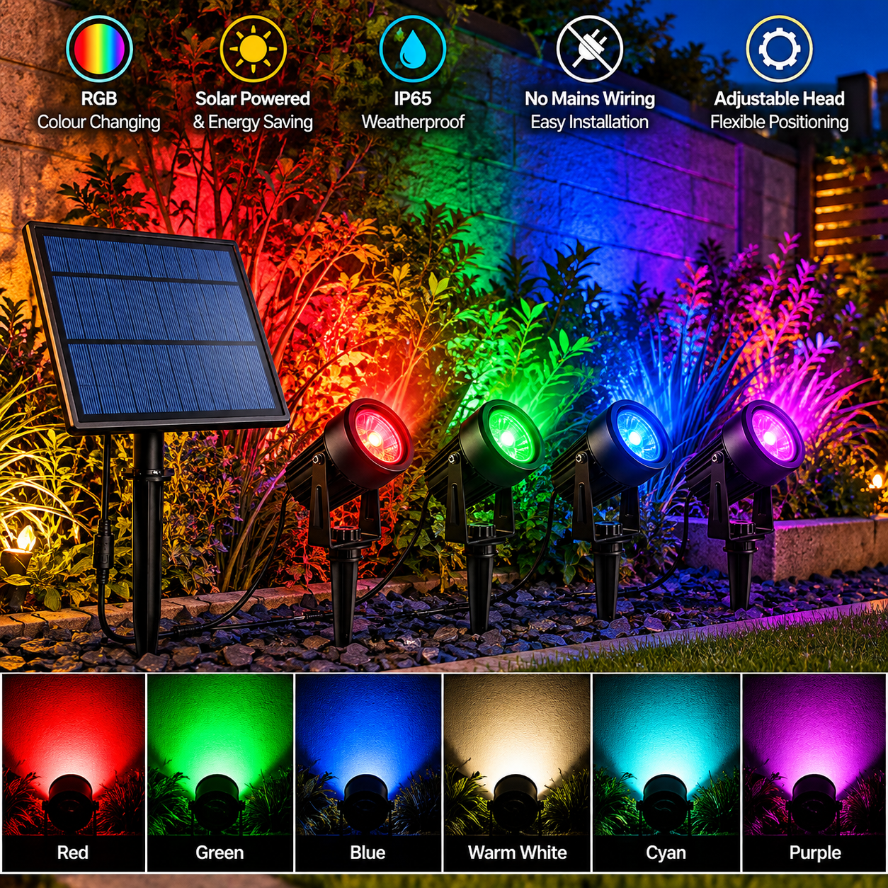 AMIOLOGY 4-Head RGB Solar Garden Spotlights – IP65 Colour Changing Outdoor Lights - Image 2