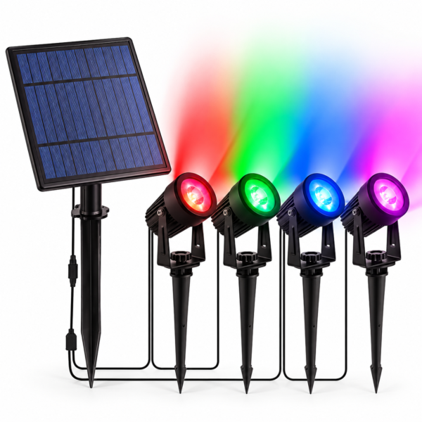 AMIOLOGY 4-Head RGB Solar Garden Spotlights – IP65 Colour Changing Outdoor Lights